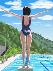 Rule 34 | 1girl, ass, black hair, derivative work, from behind, hal9500, kneepits, one-piece swimsuit, original, outstretched arms, pool, school swimsuit, short hair, solo, spread arms, swimsuit