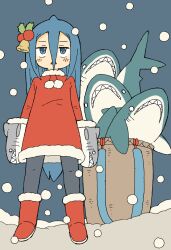 Rule 34 | 1girl, :&lt;, basket, bell, black pantyhose, blue eyes, blue hair, blush stickers, boots, commentary request, dress, fukada ichika, fur-trimmed boots, fur-trimmed dress, fur trim, hair bell, hair between eyes, hair ornament, hand puppet, long hair, long sleeves, original, outdoors, pantyhose, parted lips, puppet, red dress, red footwear, snowing, solo, standing, stuffed animal, stuffed shark, stuffed toy, triangle mouth, very long hair, yukimoto shuuji (gurigura)