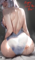 Rule 34 | 1girl, :d, :q, absurdres, ass, back, backboob, bare shoulders, blue archive, blunt bangs, blush, breasts, china dress, chinese clothes, commentary, dragon print, dress, english commentary, english text, highres, large breasts, long hair, looking at viewer, noa (blue archive), open mouth, purple eyes, sharp teeth, shiwudesu, sitting, smile, solo, sweat, teeth, tongue, tongue out, variant set, white hair