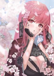 Rule 34 | 1girl, absurdres, belt buckle, black nails, black shirt, blush, breasts, buckle, cherry blossoms, cleavage cutout, clothing cutout, collared shirt, dot nose, ear piercing, earrings, floral print, flower, frills, gloves, hair flower, hair ornament, half gloves, hanami, hand on own face, highres, japanese clothes, jewelry, kimono, large breasts, looking at viewer, nail polish, open mouth, original, piercing, pink eyes, pink hair, scrunchie, serie niai, shirt, single glove, sky, swept bangs, wrist scrunchie