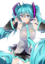 Rule 34 | 1girl, absurdres, aqua hair, aqua necktie, black skirt, blue eyes, closed mouth, commentary request, detached sleeves, halkawa501, hatsune miku, headset, highres, long hair, looking at viewer, necktie, simple background, skirt, smile, solo, thighhighs, twintails, very long hair, vocaloid, white background, zettai ryouiki