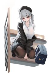 Rule 34 | 1girl, azur lane, bag, black hat, black jacket, black pantyhose, breasts, button gap, cellphone, cleavage, closed mouth, collared shirt, cross-shaped pupils, dress shirt, duffel bag, g home, grey hair, hat, highres, holding, holding phone, jacket, large breasts, long hair, looking at viewer, off shoulder, official alternate costume, one side up, open clothes, open jacket, pantyhose, phone, pleated skirt, red eyes, school bag, school uniform, scylla (azur lane), scylla (femme fatale fresher) (azur lane), shirt, side ponytail, skirt, smartphone, smile, solo, squatting, stairs, symbol-shaped pupils, white shirt