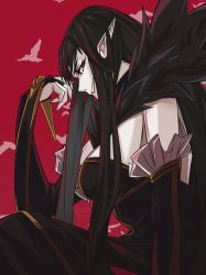 Rule 34 | 1girl, bare shoulders, bird, black dress, black hair, breasts, dove, dress, fate/apocrypha, fate/grand order, fate (series), from side, fur collar, fur trim, highres, kamuify, long hair, looking at viewer, pointy ears, red background, semiramis (fate), simple background, solo, solo focus, yellow eyes