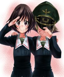 Rule 34 | 2girls, adjusting clothes, adjusting headwear, akiyama yukari, attyon, blonde hair, blue jacket, brown eyes, brown hair, closed mouth, commentary, dirty, dirty clothes, dirty face, erwin (girls und panzer), facing viewer, girls und panzer, goggles, goggles on headwear, green headwear, green shirt, grin, hand on another&#039;s shoulder, hat, hat over eyes, jacket, long sleeves, looking at viewer, messy hair, military, military hat, military uniform, multiple girls, ooarai military uniform, peaked cap, pointy hair, salute, shirt, short hair, side-by-side, smile, standing, uniform