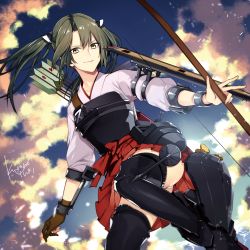 Rule 34 | &gt;:), 10s, 1girl, armor, arrow (projectile), artist name, ass, black footwear, blue sky, blurry, boots, bow, bow (weapon), closed mouth, cloud, cloudy sky, day, depth of field, fingernails, flight deck, floating hair, gloves, green hair, hair ribbon, hakama, hakama short skirt, hakama skirt, holding, holding weapon, horizon, japanese clothes, kantai collection, kurono yuu, long hair, looking at viewer, miniskirt, muneate, ocean, outdoors, panties, pantyshot, parted bangs, partially fingerless gloves, partly fingerless gloves, pleated skirt, quiver, red bow, red skirt, ribbon, signature, single glove, skirt, sky, sleeves past elbows, solo, thigh boots, thighhighs, twintails, underwear, upskirt, v-shaped eyebrows, weapon, white panties, white ribbon, yellow eyes, yugake, zuikaku (kancolle)