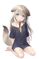 Rule 34 | 1girl, animal ears, barefoot, black shirt, blue eyes, blue shorts, blush, brown hair, dog ears, dog girl, dog tail, highres, long hair, looking at viewer, mouth hold, na-ga, original, shirt, shorts, simple background, solo, tail, thighs, white background
