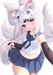 Rule 34 | 1girl, animal ear fluff, animal ears, black gloves, blue skirt, blush, clothes lift, elbow gloves, fox ears, fox girl, fox tail, gloves, highres, hiyada yuu, lifting own clothes, long hair, looking at viewer, midriff, miniskirt, multiple tails, navel, object on head, open mouth, original, outstretched arm, panties, panties on head, pleated skirt, red eyes, school uniform, serafuku, shirt, skirt, skirt lift, sleeveless, sleeveless shirt, solo, tail, thighs, underwear, white hair, white panties, white shirt