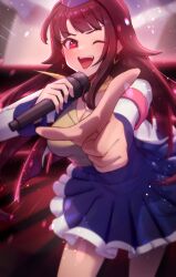 Rule 34 | 1girl, ;d, blue skirt, blush, breasts, cleavage, foreshortening, heart, heart-shaped pupils, highres, holding, holding microphone, idol, jacket, last origin, long hair, looking at viewer, medium breasts, microphone, nyanom, one eye closed, open mouth, pointy ears, red eyes, red hair, skirt, sleipnir (last origin), smile, solo, symbol-shaped pupils, very long hair, white jacket