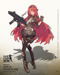 Rule 34 | 1girl, black pantyhose, blush, boots, breasts, brown footwear, brown gloves, character name, cleavage, copyright name, cross-laced footwear, cz scorpion evo 3, evo 3 (girls&#039; frontline), full body, girls&#039; frontline, glasses, gloves, gun, hairband, hands up, highres, holding, holding gun, holding weapon, kugi ta hori taira, lace-up boots, long hair, looking at viewer, medium breasts, miniskirt, official art, one eye closed, pantyhose, parted lips, pleated skirt, semi-rimless eyewear, shadow, skirt, solo, submachine gun, torn clothes, torn pantyhose, trigger discipline, under-rim eyewear, unworn eyewear, watermark, weapon, web address
