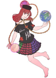 Rule 34 | 1girl, bare shoulders, barefoot, chain, choker, clothes writing, earth (ornament), earth (planet), english text, full body, hat, hecatia lapislazuli, highres, mefomefo, moon, moon (ornament), multicolored clothes, multicolored skirt, off-shoulder shirt, off shoulder, planet, red eyes, red hair, shirt, simple background, skirt, smirk, solo, t-shirt, touhou