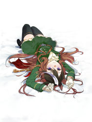 Rule 34 | 1girl, :3, aiguillette, animal ears, bed sheet, black footwear, black thighhighs, blush, breasts, brown hair, buttons, coat, double-breasted, full body, gloves, green coat, high heels, highres, horse ears, horse girl, horse tail, long hair, long sleeves, looking at viewer, looking up, lying, medium breasts, multicolored hair, no uwazumi, on back, purple eyes, solo, streaked hair, symboli rudolf (umamusume), tail, thighhighs, umamusume, white gloves