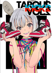 Rule 34 | 1girl, breasts, breasts squeezed together, grey eyes, grey hair, highres, large breasts, light blush, nike (company), original, shoelaces, shoes, smile, sneakers, tarou2, white background