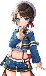 Rule 34 | 1girl, aqua eyes, armband, bad id, bad pixiv id, belt, black bow, black bowtie, black panties, blue eyes, blue jacket, blue shorts, blush, bow, bowtie, braid, brown hair, buttons, character name, closed mouth, commentary, cowboy shot, crop top, cropped jacket, finger to cheek, fingernails, french braid, gradient eyes, green eyes, grey hat, grey shirt, hair ornament, hairclip, hand up, hat, highres, hip vent, hololive, jacket, long sleeves, looking at viewer, midriff, multicolored eyes, navel, official alternate costume, oozora subaru, oozora subaru (work), panties, sailor hat, shichi (tarakochan-medo), shirt, short hair, shorts, simple background, sleeve cuffs, sleeves past wrists, smile, solo, standing, star (symbol), striped bow, striped bowtie, striped clothes, striped shirt, swept bangs, turtleneck, underwear, vertical-striped clothes, vertical-striped shirt, virtual youtuber, white background, white belt