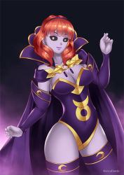 Rule 34 | 1girl, mind control, cape, celica (fire emblem), colored skin, corruption, dark persona, earrings, fingerless gloves, fire emblem, fire emblem echoes: shadows of valentia, fire emblem heroes, gloves, haryudanto, hypnosis, jewelry, leotard, long hair, looking at viewer, mind control, nintendo, purple skin, red eyes, red hair, simple background, smile, solo, tiara