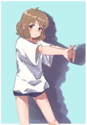 Rule 34 | 1girl, blue eyes, blush, brown hair, female focus, highres, idolmaster, idolmaster million live!, looking at viewer, noname (jvgt14), oversized clothes, short hair, standing, stretching, suou momoko