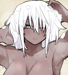 Rule 34 | 1girl, absurdres, armpits, arms up, breasts, collarbone, dark-skinned female, dark skin, dripping, fingernails, flow (kanke (kank06020602)), grey eyes, highres, kanke (kank06020602), large breasts, long bangs, one eye closed, original, shampoo, shower (place), showering, soap bubbles, solo, washing hair, wet, yellow background