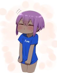 Rule 34 | 1girl, arts shirt, blue shirt, blush, closed eyes, closed mouth, clothes writing, cropped legs, dark-skinned female, dark skin, english text, facing viewer, fate/prototype, fate/prototype: fragments of blue and silver, fate (series), flying sweatdrops, hair between eyes, hassan of serenity (fate), highres, i.u.y, o3o, purple hair, shirt, shirt tug, short sleeves, solo, standing, sweat