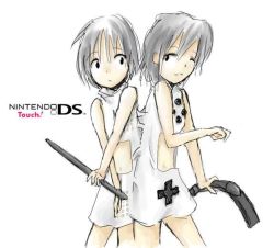 Rule 34 | 2girls, conjoined, handheld game console, multiple girls, nintendo, nintendo ds, os-tan, oversized object, personification, product girl, siblings, sisters, stylus, twins