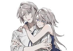 Rule 34 | 1boy, 1girl, annoyed, bare shoulders, blue eyes, blue neckwear, blush, closed mouth, collarbone, crossed arms, grey hair, hair between eyes, highres, hug, human homeosta, long hair, looking at viewer, original, parted lips, simple background, sketch, sleeves rolled up, upper body, white background, yellow pupils