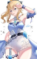 Rule 34 | 1girl, arm up, armpits, bare shoulders, blonde hair, blouse, blue eyes, blue flower, blue rose, breasts, bubble, casual, cowboy shot, detached sleeves, flower, frilled sleeves, frills, genm7, genshin impact, highres, jean (genshin impact), jean (sea breeze dandelion) (genshin impact), jewelry, looking at viewer, ponytail, rose, shirt, shorts, signature, simple background, smile, solo, thigh strap, white background, white shorts, wrist cuffs, wristband