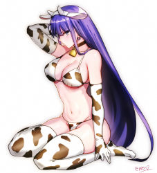 Rule 34 | 1girl, animal ears, animal print, aoba (smartbeat), arm up, bell, bikini, black choker, blue eyes, breasts, choker, cleavage, cow ears, cow horns, cow print, earrings, elbow gloves, fate/grand order, fate (series), from side, full body, gloves, hairband, highres, horns, jewelry, large breasts, long hair, looking at viewer, martha (fate), navel, neck bell, no shoes, revision, sitting, solo, stomach, swimsuit, thighhighs, thighs, very long hair, wariza