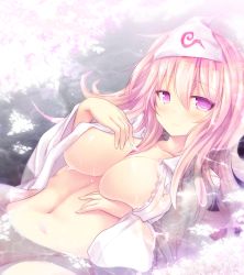 Rule 34 | 1girl, ai takurou, alternate hair length, alternate hairstyle, breasts, cherry blossoms, female focus, large breasts, long hair, navel, open clothes, partially submerged, petals, pink eyes, pink hair, saigyouji yuyuko, smile, solo, touhou, water
