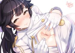 Rule 34 | 1girl, aiguillette, azur lane, black hair, blush, bow, breasts, cleavage, dated, embarrassed, from above, gloves, hair bow, hair flaps, highres, jacket, jacket tug, large breasts, long hair, looking at viewer, mappaninatta, military, military uniform, open clothes, open mouth, paizuri invitation, ponytail, sidelocks, signature, simple background, solo, takao (azur lane), uniform, white background, white bow, white gloves, white jacket, yellow eyes