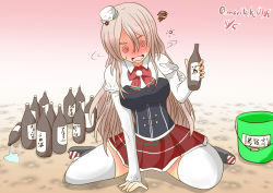 Rule 34 | 10s, 1girl, @ @, blush, bottle, breasts, bucket, drunk, hair between eyes, hat, highres, holding, holding bottle, kantai collection, long hair, long sleeves, mini hat, moritaku0708, open mouth, pola (kancolle), sitting, skirt, solo, sweatdrop, thighhighs, wariza, wavy hair, white thighhighs
