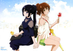 Rule 34 | 2girls, :o, absurdres, back-to-back, bag, bare legs, bare shoulders, black dress, black hair, blush, breasts, brown hair, candy apple, cleaned, closed mouth, closed umbrella, cloud, collarbone, couple, crop top, dress, female focus, food, green shorts, hair ornament, hair scrunchie, handbag, hibike! euphonium, highres, holding, holding food, holding hands, instrument case, kousaka reina, legs, long hair, looking at viewer, looking away, maruko tatsunari, medium breasts, multiple girls, musical note, neck, newtype, notebook, official art, open mouth, oumae kumiko, ponytail, purple eyes, scrunchie, see-through, see-through dress, shirt, short hair, short sleeves, shorts, sitting, sky, small breasts, staff (music), thighs, treble clef, umbrella, white shirt, yellow eyes