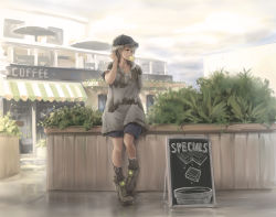 Rule 34 | 1girl, adjusting hair, awning, baseball cap, black hair, blurry, boots, blowing bubbles, cafe, chewing gum, cloud, collarbone, day, depth of field, hand up, hat, highres, long hair, looking to the side, original, outdoors, plant, profile, shorts, sign, sky, solo, tanto (tc1995), twilight