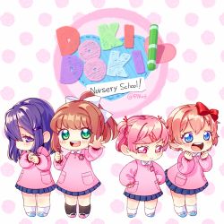 Rule 34 | 4girls, :&gt;, :d, aged down, bad id, bad pixiv id, blue eyes, brown hair, chibi, child, commentary request, doki doki literature club, green eyes, hair ornament, hair ribbon, hairclip, hands on own hips, kindergarten uniform, logo parody, looking at viewer, monika (doki doki literature club), multiple girls, nan (gokurou), natsuki (doki doki literature club), open mouth, pen, pink eyes, pink hair, polka dot, polka dot background, purple eyes, purple hair, red ribbon, ribbon, sayori (doki doki literature club), short hair, shy, smile, twitter username, two side up, waving, white ribbon, yuri (doki doki literature club)