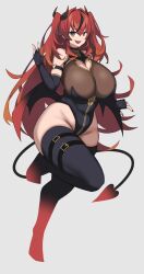 Rule 34 | 1girl, armlet, bare shoulders, black gloves, black hair, black nails, black tail, black wings, boots, breasts, cleavage, cleavage cutout, clothing cutout, curvy, demon girl, demon horns, demon tail, elbow gloves, fang, flat color, gloves, highres, horns, huge breasts, imuzi, long hair, multicolored hair, multicolored horns, nail polish, open mouth, original, pointy ears, red hair, red horns, see-through, see-through cleavage, simple background, skin fang, solo, standing, standing on one leg, streaked hair, tail, thick thighs, thigh boots, thighhighs, thighs, twintails, two-tone horns, white background, wide hips, wings, yellow eyes, zipper