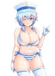 Rule 34 | 1girl, absurdres, alternate breast size, arm at side, bare arms, bare shoulders, bikini, blue bikini, blue eyes, blue hair, blush, breasts, cleavage, collarbone, commentary request, cowboy shot, gloves, groin, hand up, highres, index finger raised, large breasts, looking at viewer, medium hair, one eye closed, plump, simple background, sinon, skindentation, smile, solo, striped bikini, striped clothes, swimsuit, sword art online, thighhighs, tong shui, white bikini, white gloves, white headwear