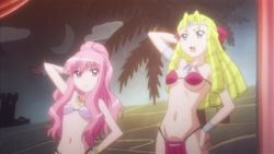 Rule 34 | 00s, 2girls, animated, animated gif, arm behind head, armlet, bikini, blonde hair, blue eyes, bouncing breasts, bracelet, breast envy, breasts, closed mouth, cowboy shot, curly hair, curtains, dancer, dancing, female focus, flat chest, groin, hand on own hip, headband, jewelry, loincloth, long hair, lots of jewelry, louise francoise le blanc de la valliere, lowres, medium breasts, montmorency margarita la fere de montmorency, multiple girls, necklace, non-web source, open mouth, pink eyes, pink hair, screencap, smile, stage, string bikini, swimsuit, talking, zero no tsukaima