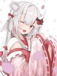 Rule 34 | 1girl, detached sleeves, hairu 821, hololive, long hair, nakiri ayame, one eye closed, oni horn, open mouth, red eyes, smile, solo, white hair