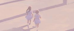 Rule 34 | 2girls, artist name, bare legs, braid, brown hair, commentary, dated, dress, facing away, from behind, highres, long hair, multiple girls, muted color, original, outdoors, running, shadow, short hair, short sleeves, twin braids, white dress, white footwear, wide shot, xilmo