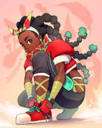 Rule 34 | 1girl, absurdres, ankle wrap, aqua hair, arm wrap, black hair, black pants, bow hairband, brown eyes, cable, capcom, colored tips, commentary, dark-skinned female, dark skin, earbuds, earphones, english commentary, fingerless gloves, forehead, full body, gloves, hairband, highres, hip vent, kimberly jackson, lips, listening to music, long hair, looking at viewer, multicolored hair, nose, on one knee, pants, puffy short sleeves, puffy sleeves, quad braids, quasimodox, red footwear, red gloves, scarf, shoes, short sleeves, sneakers, solo, street fighter, street fighter 6, tying footwear, very dark skin, walkman, yoga pants