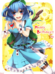 Rule 34 | 1girl, backpack, bad id, bad pixiv id, bag, blue eyes, blue hair, blush, dated, female focus, hair bobbles, hair ornament, happy birthday, hat, heart, heart hands, kawashiro nitori, key, looking at viewer, matching hair/eyes, sayuma, short hair, solo, thigh strap, thighhighs, touhou, twintails, two side up, white thighhighs, wrist cuffs