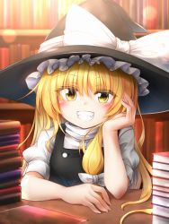 Rule 34 | 1girl, black hat, black vest, blonde hair, blush, book, book stack, bookshelf, bow, commentary request, elbow rest, fangs, grin, hair between eyes, hair bow, hand up, hat, hat bow, highres, indoors, kirisame marisa, lens flare, long hair, looking at viewer, marukyuu ameya, puffy short sleeves, puffy sleeves, shadow, shirt, short sleeves, single sidelock, smile, solo, touhou, upper body, vest, white bow, white shirt, witch hat, yellow eyes