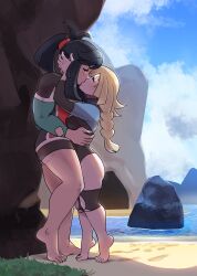Rule 34 | absurdres, aged up, alternate muscle size, black hair, blonde hair, creatures (company), game freak, highres, juno son, kiss, lillie (pokemon), muscular, muscular female, nintendo, pokemon, pokemon sm, selene (pokemon), swimsuit, thick thighs, thighs, yuri