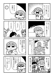 Rule 34 | &gt; &lt;, 1boy, 3girls, 4koma, angry, arm up, bkub, blank eyes, blazer, closed eyes, comic, crossed arms, emphasis lines, frown, greyscale, hair ornament, hairclip, halftone, hands on own head, highres, holding, holding notepad, holding pencil, jacket, keyboard, monochrome, multiple 4koma, multiple girls, necktie, notepad, open mouth, pencil, programming live broadcast, pronama-chan, shaded face, shirt, short hair, shouting, simple background, skirt, sliding doors, speech bubble, speed lines, superhero costume, sweatdrop, talking, translation request, two-tone background, undone necktie