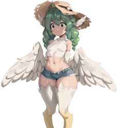 Rule 34 | 1girl, ahoge, bare shoulders, birb (niniidawns), bird legs, blush, braid, breasts, brown eyes, denim, denim shorts, feathered wings, feathers, green hair, hair between eyes, harpy, hat, head wings, heart, heart ahoge, long hair, midriff, monster girl, navel, niniidawns, non-web source, notice lines, open fly, original, outline, ribbed shirt, shirt, shorts, sleeveless, sleeveless shirt, sleeveless turtleneck, small breasts, solo, straw hat, surprised, transparent background, turtleneck, twin braids, white feathers, white outline, white shirt, white wings, wide hips, wing ears, winged arms, wings