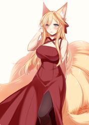 Rule 34 | 1girl, animal ears, arm behind back, black pantyhose, blonde hair, blue eyes, blush, bow, breasts, commentary request, dated, dress, fox ears, fox tail, hair bow, hand up, konshin, large breasts, long hair, long sleeves, looking at viewer, original, pantyhose, red bow, red dress, side slit, signature, simple background, smile, solo, standing, sweater, tail, white background