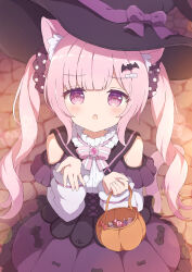 Rule 34 | 1girl, animal ears, blurry, blush, bow, candy, cat ears, cat girl, cat tail, chestnut mouth, depth of field, detached sleeves, food, from above, hair ornament, hair scrunchie, halloween, hat, hat bow, highres, holding, long hair, looking at viewer, open mouth, original, outstretched hand, pink hair, purple eyes, scrunchie, sidelocks, skirt, solo, tail, twintails, tyomimas, variant set, witch hat