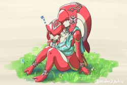 Rule 34 | 1boy, 1girl, age difference, arm support, breasts, brother and sister, brown background, brown eyes, child, closed eyes, closed mouth, colored skin, fish boy, fish girl, gem, grass, hair ornament, highres, leaning on person, long hair, mipha, monster girl, nintendo, red skin, saburou (jako), siblings, sidon, sitting, sleeping, small breasts, smile, the legend of zelda, the legend of zelda: breath of the wild, twitter username, zora