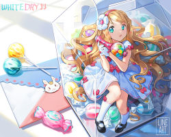 Rule 34 | 1girl, bad id, bad pixiv id, black footwear, blonde hair, blue eyes, bow, box, braid, butyou (mika1412), candy, dress, dress bow, envelope, flower, food, full body, gloves, hair flower, hair ornament, hands up, in box, in container, kneehighs, lollipop, long hair, looking at viewer, original, pink bow, see-through, short sleeves, sitting, socks, solo, very long hair, watermark, white day, white dress, white gloves, white socks, wrapped candy
