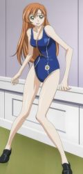 Rule 34 | 00s, 1girl, blue one-piece swimsuit, breasts, cleavage, code geass, facing viewer, female focus, full body, highres, indoors, long image, looking at viewer, one-piece swimsuit, orange hair, school swimsuit, screencap, shirley fenette, solo, standing, surprised, swimsuit, tall image