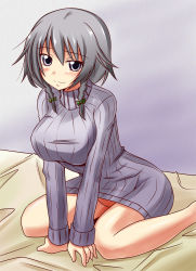 Rule 34 | 1girl, alternate costume, arm support, bed, bed sheet, blue eyes, blush, bottomless, braid, breasts, closed mouth, female focus, hair ribbon, highres, izayoi sakuya, large breasts, naked sweater, nishi koutarou, no headwear, no panties, on bed, ribbon, short hair, silver hair, simple background, sitting, smile, solo, spread legs, sweater, touhou, twin braids, wariza