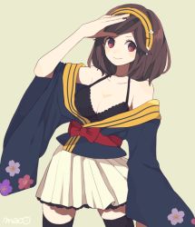 Rule 34 | 1girl, bare shoulders, black thighhighs, breasts, brown hair, cleavage, cowboy shot, hairband, japanese clothes, kimono, kimono skirt, lolita fashion, looking at viewer, maco22, medium breasts, original, pleated skirt, red eyes, salute, short hair, simple background, skirt, smile, solo, thighhighs, wa lolita, zettai ryouiki