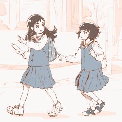 2girls 55bata6rou :d aioi_aoi_(guruguru_tekuteku) animated animated_gif ankle_socks backpack bag black_eyes black_hair blue_footwear blue_skirt blue_vest blunt_bangs blush_stickers bob_cut building closed_mouth dot_nose eye_contact floating_hair from_side guruguru_tekuteku hand_up highres holding holding_map holding_strap jitome komichi_ayumu long_hair long_sleeves looking_ahead looking_at_another looking_back looping_animation map medium_skirt multiple_girls open_mouth outdoors pleated_skirt pointing puffy_long_sleeves puffy_sleeves road sailor_collar school_uniform serafuku shade shirt shoes short_hair skirt smile sneakers socks spot_color street talking tree vest walking white_sailor_collar white_shirt white_socks